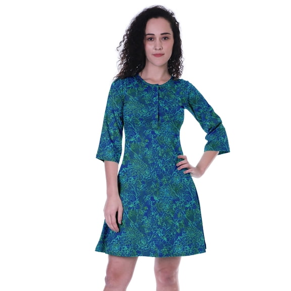 Moomaya Women's Printed Round Neck FlareDressW/ Buttons Short Casual SummerDresses