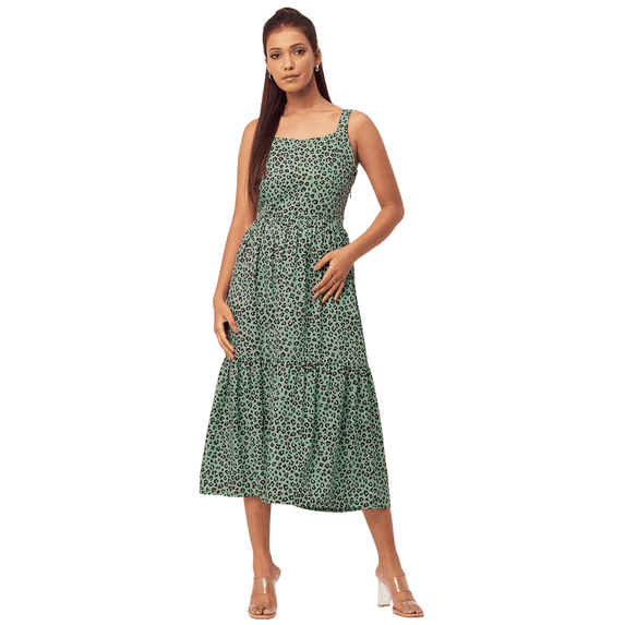 Moomaya Women's Printed Sleeveless Chic Dress, Square Neck, Strap Midi Dress