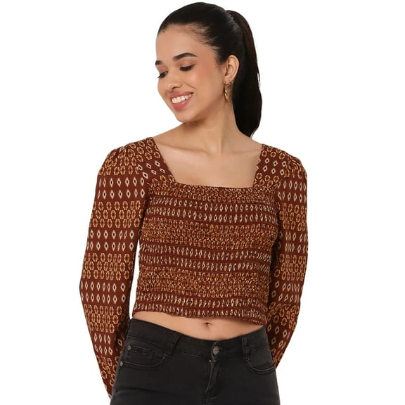 Moomaya Women's Printed Square Neck Crop Top, Long Sleeves Smocked Summer Top