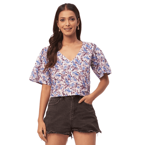 Moomaya Women's Printed Summer Top, V-Neck Button Down Short Sleeves Cotton Top
