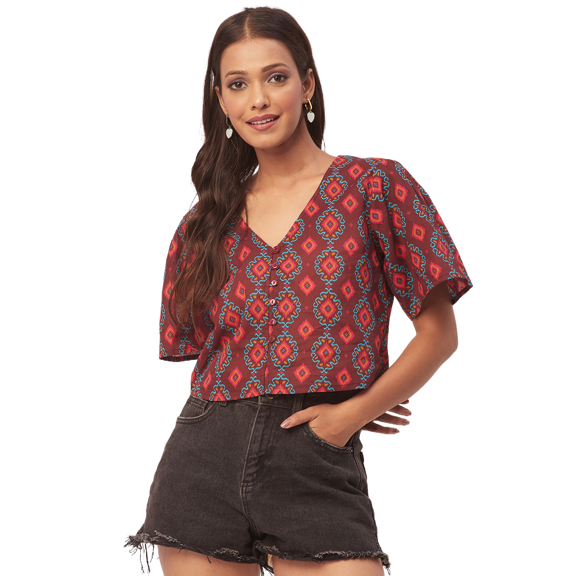 Moomaya Women's Printed Summer Top, V-Neck Button Down Short Sleeves Cotton Top