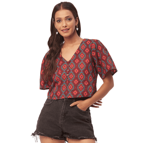 Moomaya Women's Printed Summer Top, V-Neck Button Down Short Sleeves Cotton Top