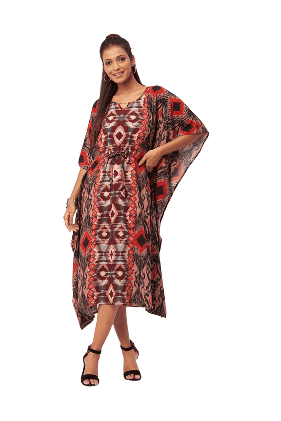 Women's Printed Viscose Kaftan Dress, Round Neck, Asymmetric Hem Midi Dress