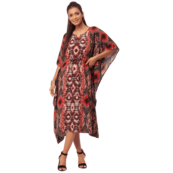 Moomaya Women's Printed Viscose Kaftan Dress, Round Neck, Asymmetric Hem Midi Dress