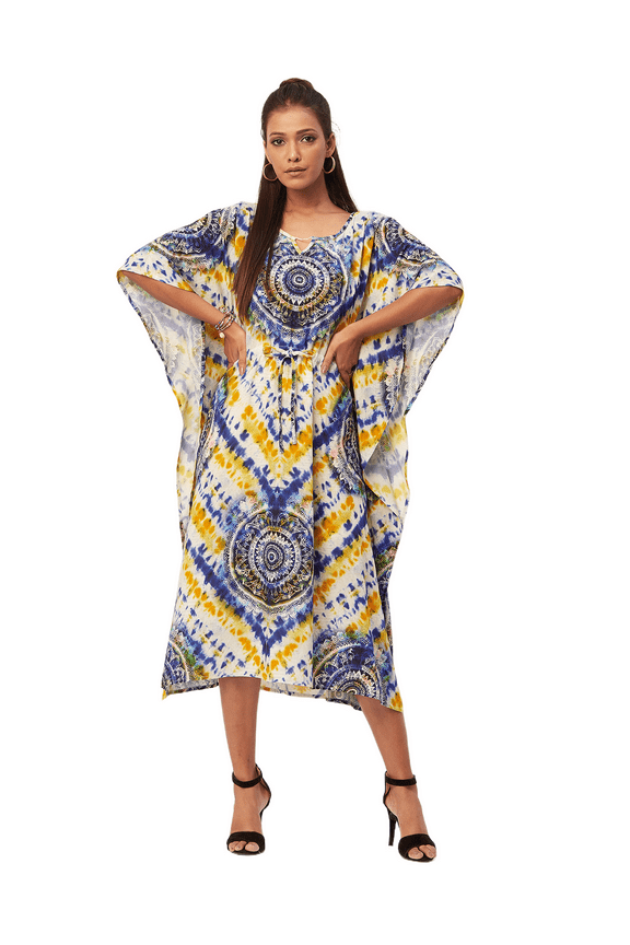 Women's Printed Viscose Kaftan Dress, Round Neck, Asymmetric Hem Midi Dress