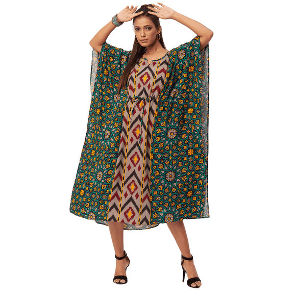 Moomaya Women's Printed Viscose Kaftan Dress, Round Neck, Asymmetric Hem Midi Dress
