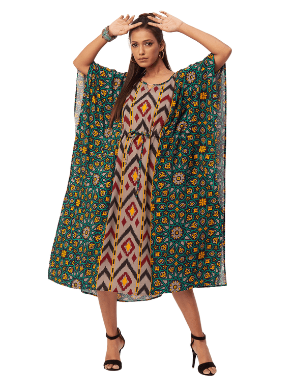 Women's Printed Viscose Kaftan Dress, Round Neck, Asymmetric Hem Midi Dress