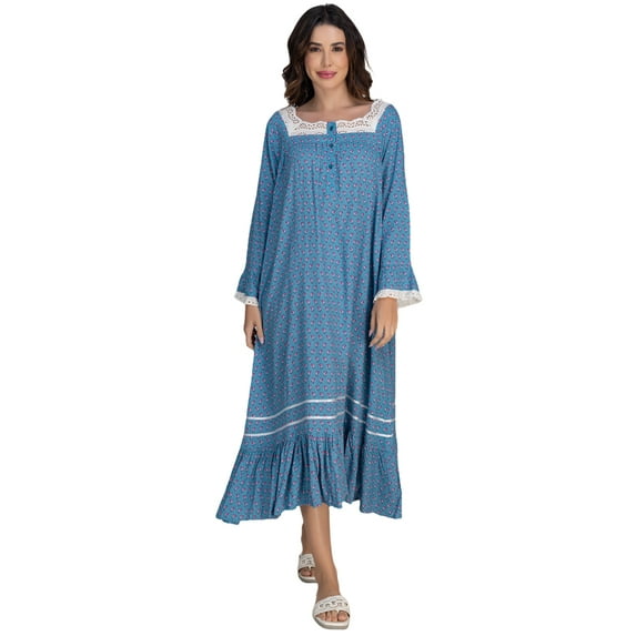 Moomaya Women's Rayon Nightdress | Square Neck A-Line Sleepwear | Printed Mid-Calf Nightgown With Lace & Frills