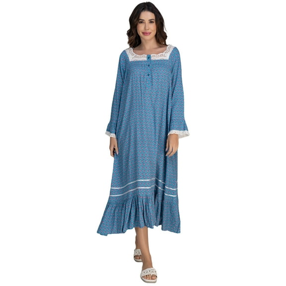 Moomaya Women's Rayon Nightdress | Square Neck A-Line Sleepwear | Printed Mid-Calf Nightgown With Lace & Frills