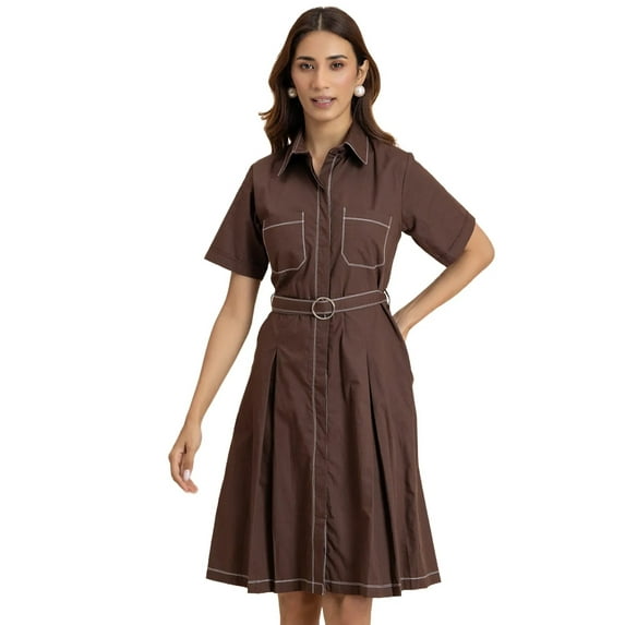 Moomaya Women's Shirt Dress, Short Sleeve Classic Collar Formal Cotton Dress