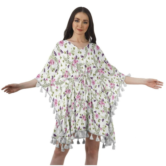 Moomaya Women's Short Tassel Kaftan Casual Swimwear Swimsuit Cover Up Short Beach Caftan Dress