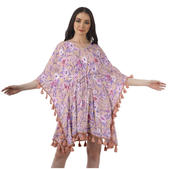 Moomaya Women's Short Tassel Kaftan Casual Swimwear Swimsuit Cover Up Short Beach Caftan Dress