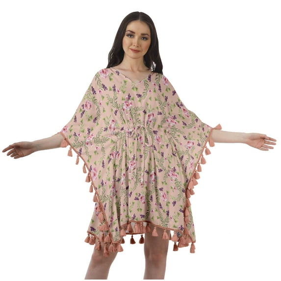 Moomaya Women's Short Tassel Kaftan Casual Swimwear Swimsuit Cover Up Short Beach Caftan Dress