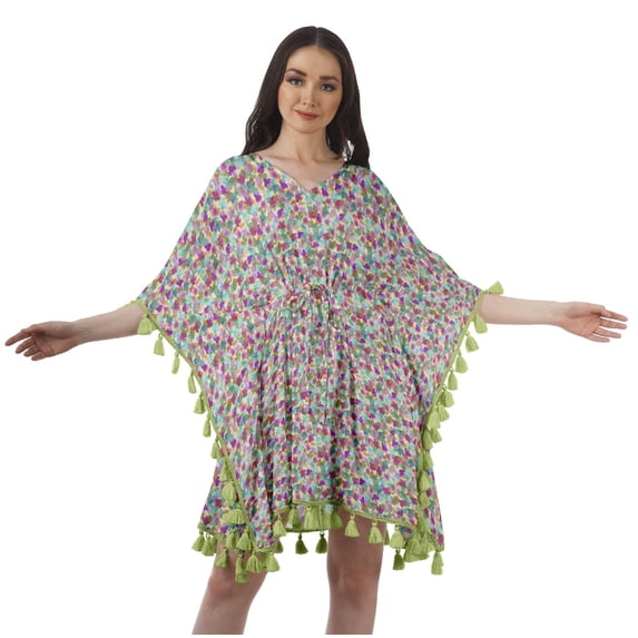 Moomaya Women's Short Tassel Kaftan Casual Swimwear Swimsuit Cover Up Short Beach Caftan Dress