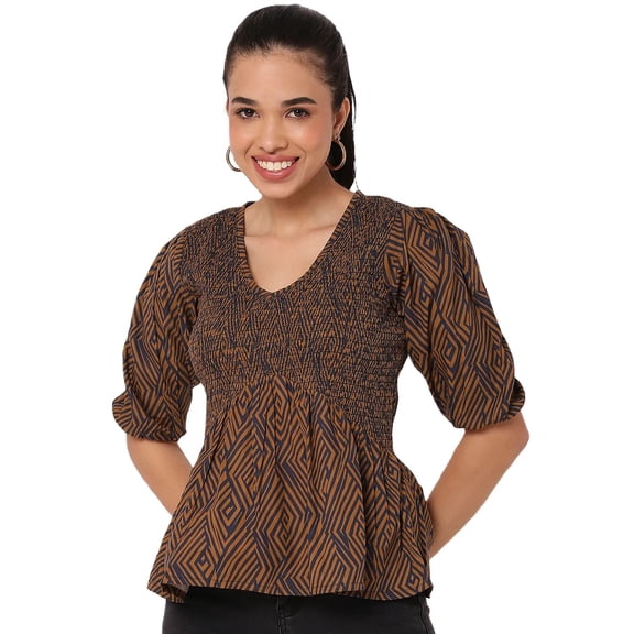 Moomaya Women's Smocked Printed Top, Women's Elbow Sleeve Tops For Summer