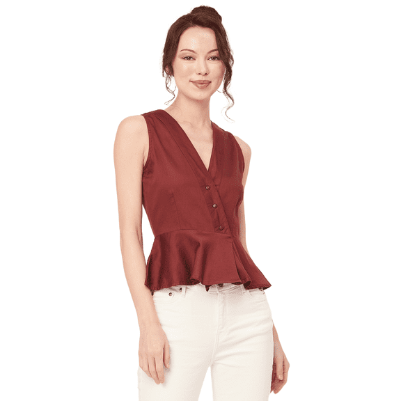 Moomaya Women's Solid Peplum Top, V Neck Sleeveless Cotton Slub Formal Top Blouse