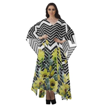 Scuba Sheer Chiffon Kaftan Cover Up – Navy / Cerise Pink, V-Neck, Beach Dress