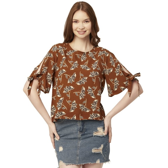 Moomaya WomenS Printed Round Neck Top, Tie-Up Cold Shoulder Top