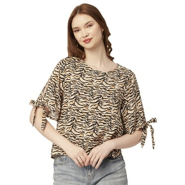 Moomaya WomenS Printed Round Neck Top, Tie-Up Cold Shoulder Top
