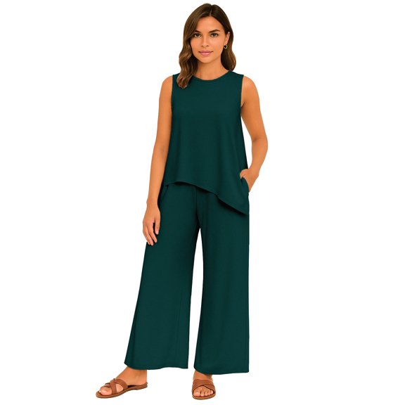 Moomaya Womens 2 Pcs Lounge Set - Asymmetrical Tank Top and Wide Leg Summer Pants with Pockets - Soft Viscose Jersey Co-ord