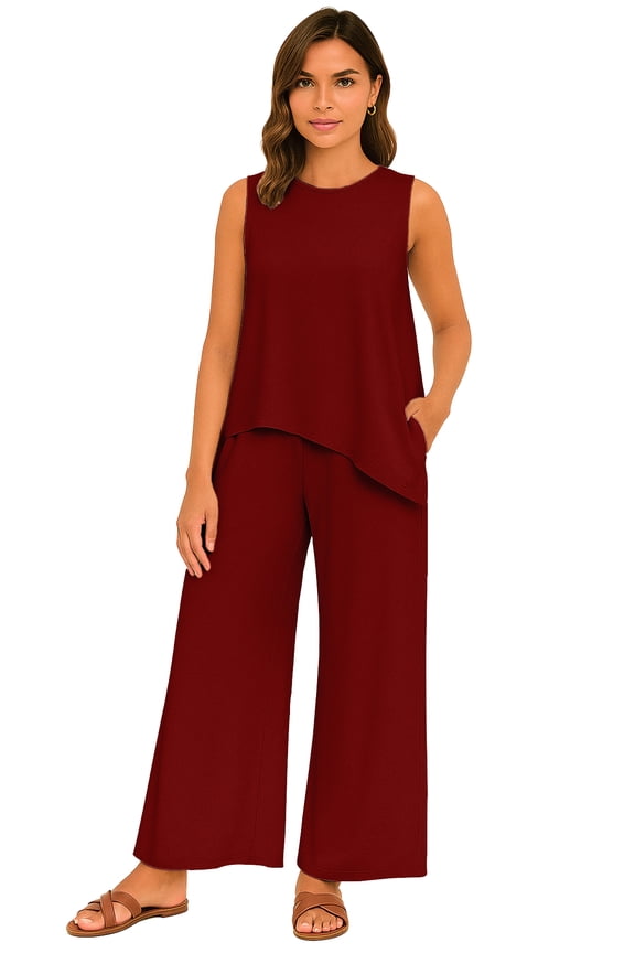 Womens 2 Pcs Lounge Set - Asymmetrical Tank Top and Wide Leg Summer Pants with Pockets - Soft Viscose Jersey Co-ord