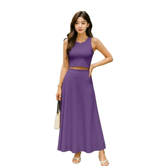 Moomaya Womens 2 Pcs Skirt Set - Sleeveless Crop Top and High Waisted Flared Maxi Skirt - Soft Viscose Jersey Co-ord Outfit