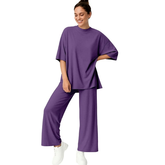 Moomaya Womens 2 Piece Lounge Set - Split Hem Tunic Top and Soft Pants with Pockets - Maternity Friendly Loungewear Set