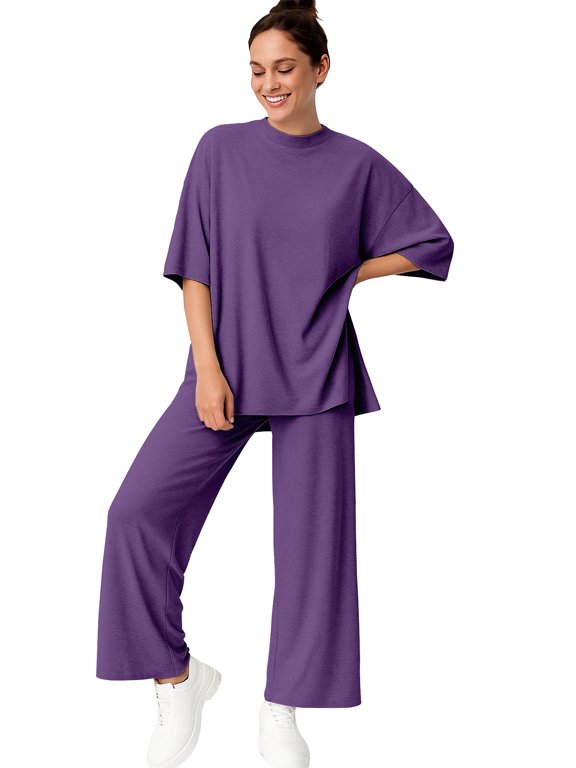 Womens 2 Piece Lounge Set - Split Hem Tunic Top and Soft Pants with Pockets - Maternity Friendly Loungewear Set