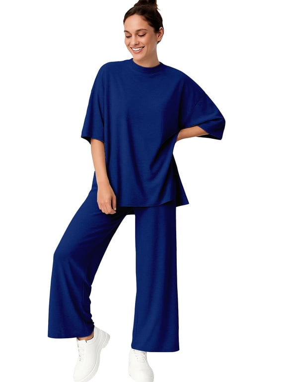 Womens 2 Piece Lounge Set - Split Hem Tunic Top and Soft Pants with Pockets - Maternity Friendly Loungewear Set