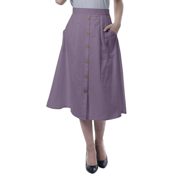 Moomaya Womens Below Knee Length A-Line Skirt Front Button Casual Skirt w/ Pockets