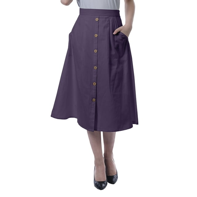 Moomaya Womens Below Knee Length A-Line Skirt Front Button Casual Skirt w/ Pockets