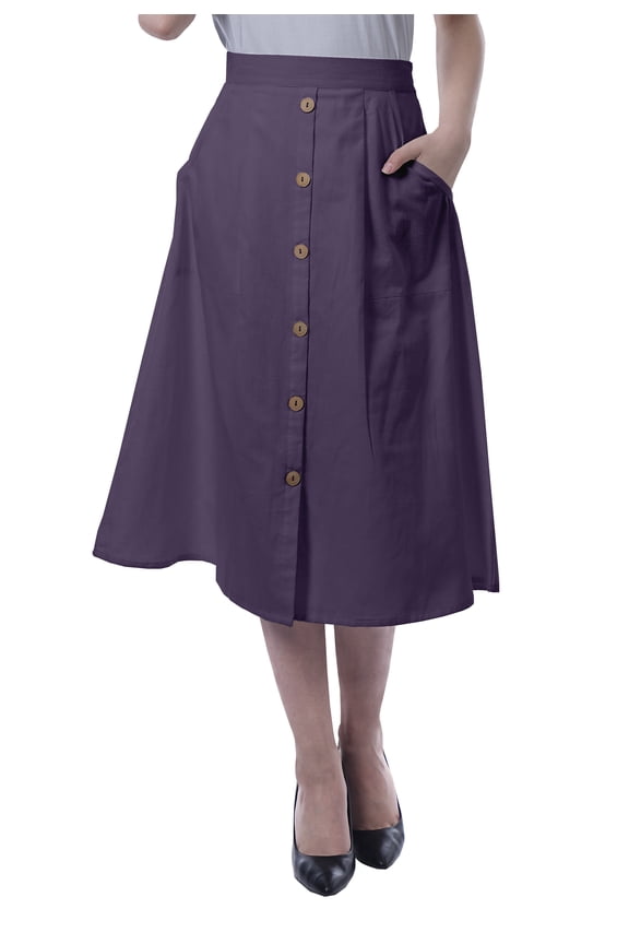 Womens Below Knee Length A-Line Skirt Front Button Casual Skirt w/ Pockets