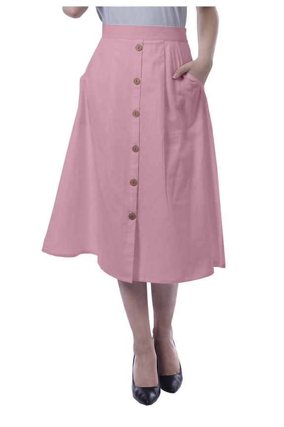 Womens Below Knee Length A-Line Skirt Front Button Casual Skirt w/ Pockets