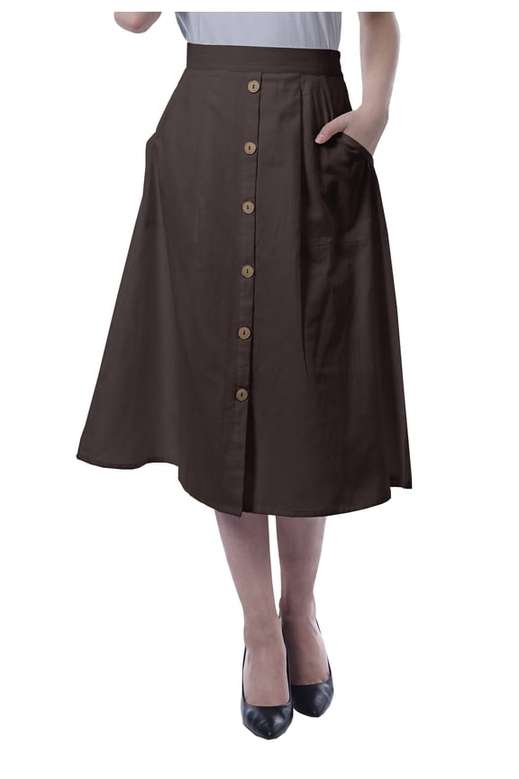 Womens Below Knee Length A-Line Skirt Front Button Casual Skirt w/ Pockets