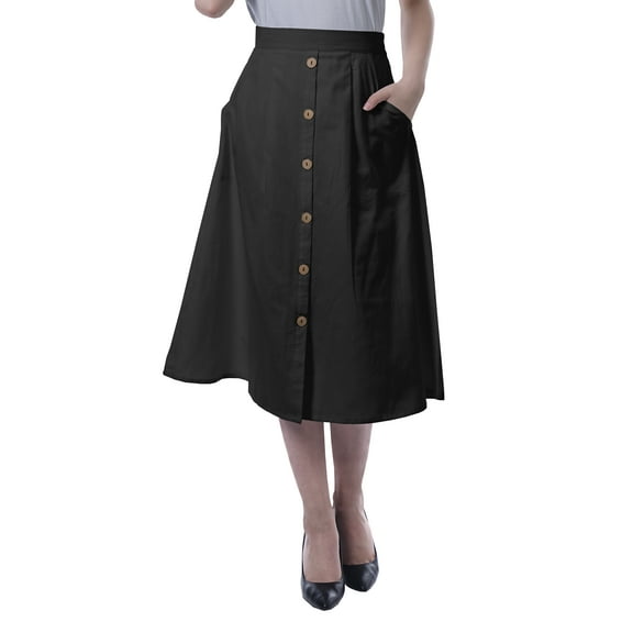 Moomaya Womens Below Knee Length A-Line Skirt Front Button Casual Skirt w/ Pockets