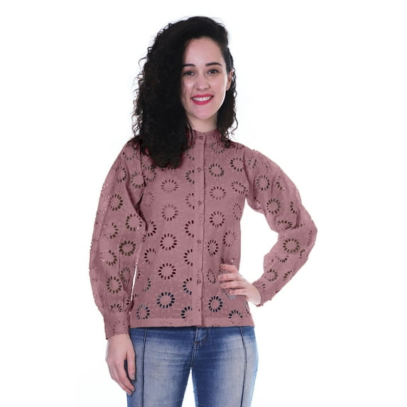 Moomaya Womens Button Down Top Solid Schiffli Cotton Full Sleeve Casual Summer Kurta Shirt