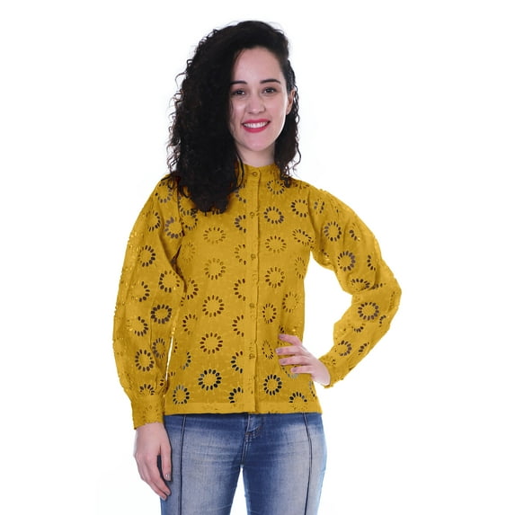 Moomaya Womens Button Down Top Solid Schiffli Cotton Full Sleeve Casual Summer Kurta Shirt