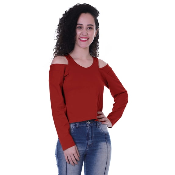 Moomaya Womens Cold Shoulder Short Top Solid Full Sleeves Summer Tee Tops