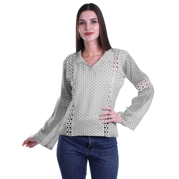 Moomaya Womens Collar Kurta Kurti Lace Detail Printed Full Sleeve Top Tunic