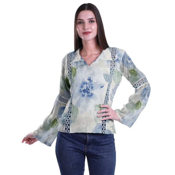 Moomaya Womens Collar Kurta Kurti Lace Detail Printed Full Sleeve Top Tunic