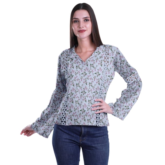 Moomaya Womens Collar Kurta Kurti Lace Detail Printed Full Sleeve Top Tunic