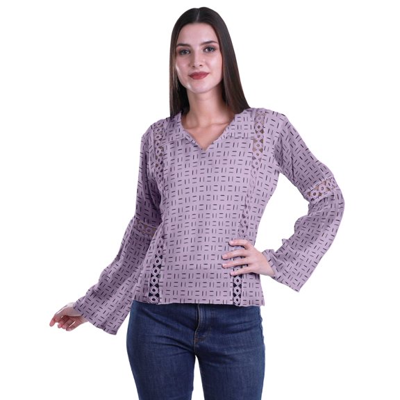 Moomaya Womens Collar Kurta Kurti Lace Detail Printed Full Sleeve Top Tunic