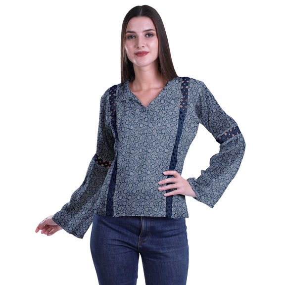 Moomaya Womens Collar Kurta Kurti Lace Detail Printed Full Sleeve Top Tunic