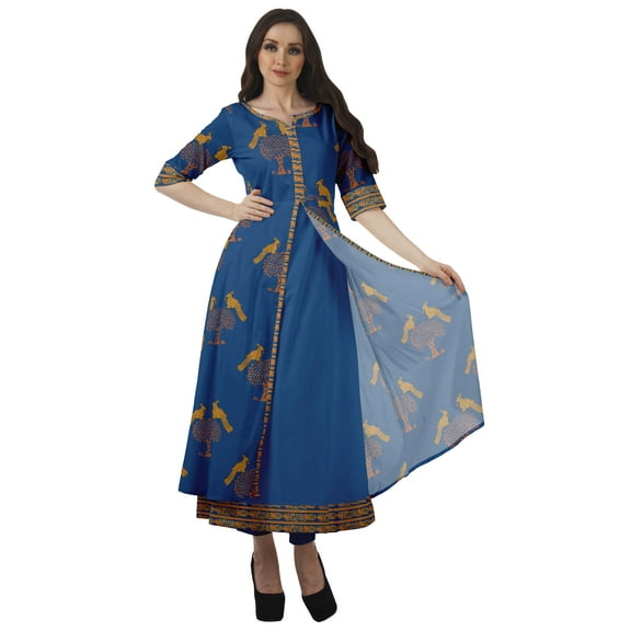 Moomaya Womens Cotton Printed Tunic Fron Slit Short Sleeves Long Kurta Kurti Set-S