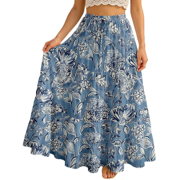 Moomaya Womens Cotton Resort Skirt with Pockets | Tiered Maxi Summer Skirt | 40-Inch Vacation Wear | Flowy Vacation Outfit