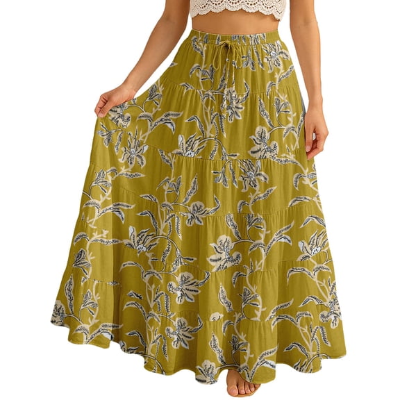 Moomaya Womens Cotton Resort Skirt with Pockets | Tiered Maxi Summer Skirt | 40-Inch Vacation Wear | Flowy Vacation Outfit