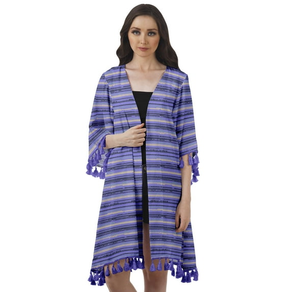 Moomaya Womens Cover Ups For Swimwear Georgette Printed 3/4 Sleeve Fringes Shrug