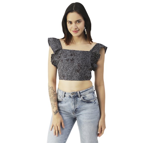 Moomaya Womens Crop Top, Square Neck, Flutter Sleeve Cotton Short Top Casual