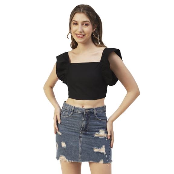 Moomaya Womens Crop Top, Square Neck, Flutter Sleeve Cotton Short Top Casual