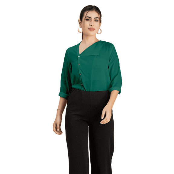 Moomaya Womens Diagonal Collar Solid Top, Long Sleeves Stylish Formal Top